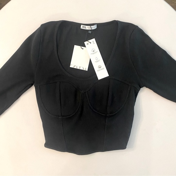 NWT Zara Black, Cropped, Long-Sleeved, Scoop Neck Top - Picture 4 of 9